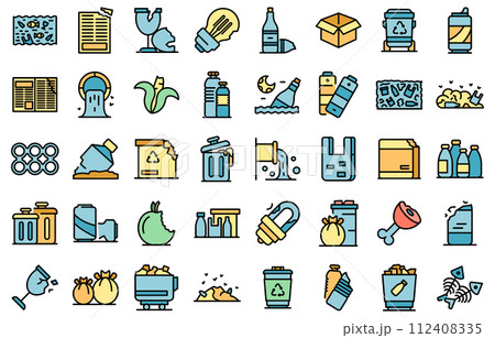 Waste icons set. Outline set of waste vector icons thin line color flat on white 112408335