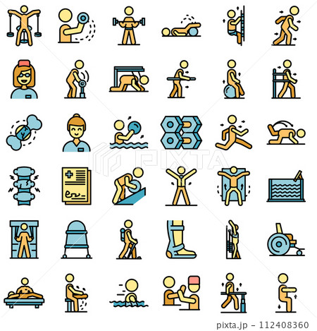 Physical therapist icons set. Outline set of physical therapist vector icons thin line color flat on white Physical therapist icons set. Outline set of physical therapist vector icons thin line color flat on white 112408360