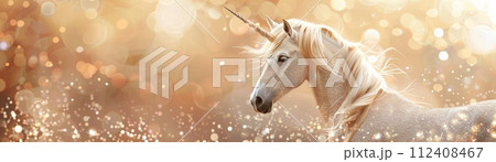 A magical unicorn with a sparkling horn, set against a backdrop of glittering lights, ideal for fantasy themes, childrens books, or enchanting event promotions, with space for text. Generative AI. 112408467