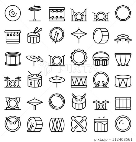 Drum icons set. Outline set of drum vector icons for web design isolated on white background 112408561
