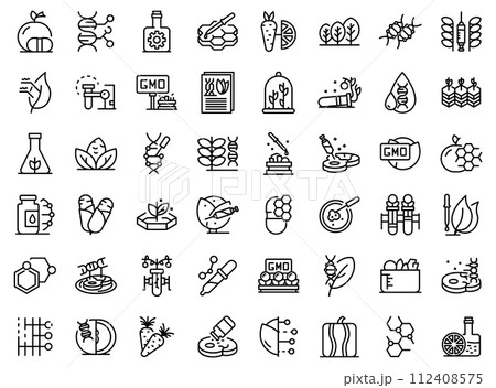 Gmo food icons set. Outline set of gmo food vector icons for web design isolated on white background Gmo food icons set. Outline set of gmo food vector icons for web design isolated on white background 112408575