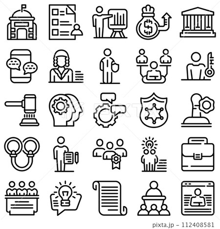 Authority icons set. Outline set of authority vector icons for web design isolated on white background Authority icons set. Outline set of authority vector icons for web design isolated on white background 112408581
