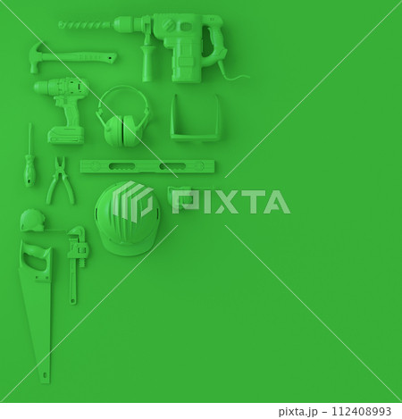 Top view of monochrome construction tools for repair on multicolor background 112408993