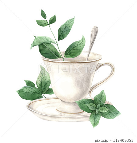 Vintage watercolor cup with saucer and silver spoon, with spicy mint around it. The illustration is hand drawn on an isolated background. Drawing for menu design, packaging, poster, website, textile. Vintage watercolor cup with saucer and silver spoon, with spicy mint around it. The illustration is hand drawn on an isolated background. Drawing for menu design, packaging, poster, website, textile. 112409353
