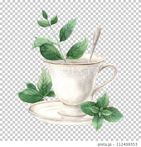 Vintage watercolor cup with saucer and silver spoon, with spicy mint around it. The illustration is hand drawn on an isolated background. Drawing for menu design, packaging, poster, website, textile. 112409353