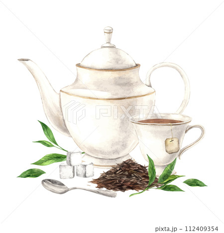 Watercolor composition of a teapot with loose tea and green leaves, mugs and spoons. The illustration is hand drawn on an isolated background Drawing for menu design packaging, poster website textile Watercolor composition of a teapot with loose tea and green leaves, mugs and spoons. The illustration is hand drawn on an isolated background Drawing for menu design packaging, poster website textile 112409354