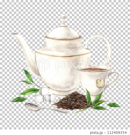 Watercolor composition of a teapot with loose tea and green leaves, mugs and spoons. The illustration is hand drawn on an isolated background Drawing for menu design packaging, poster website textile Watercolor composition of a teapot with loose tea and green leaves, mugs and spoons. The illustration is hand drawn on an isolated background Drawing for menu design packaging, poster website textile 112409354