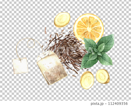 Watercolor tea composition of dry tea, mint, tea bag, ginger and lemon wedge. Illustration hand drawn on isolated background, suitable for menu design, packaging, poster, website, textile, invitation. 112409356