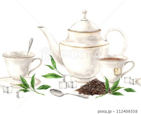 Watercolor seamless composition of teapot with loose tea and green leaves, mugs and spoons The illustration is hand drawn on an isolated background Drawing for menu design, packaging textiles websites 112409358