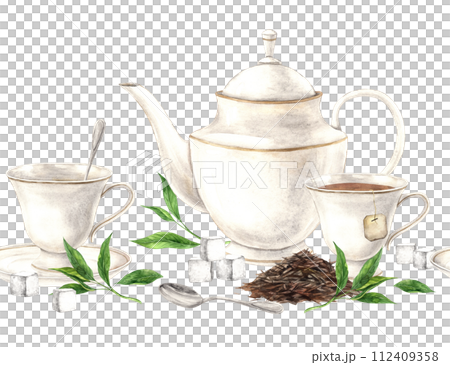 Watercolor seamless composition of teapot with loose tea and green leaves, mugs and spoons The illustration is hand drawn on an isolated background Drawing for menu design, packaging textiles websites 112409358