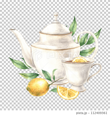 Watercolor composition with a ceramic teapot and mug, leaves and juicy lemon. Illustration is hand drawn, suitable for menu design, packaging, poster, website, textile, invitation, brochure. Watercolor composition with a ceramic teapot and mug, leaves and juicy lemon. Illustration is hand drawn, suitable for menu design, packaging, poster, website, textile, invitation, brochure. 112409361