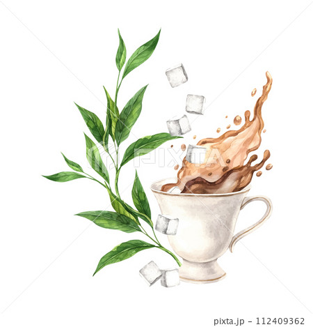 Vintage watercolor cup with tea splashes, sugar cubes and tea leaves The illustration is hand drawn on an isolated background Drawing for menu design, packaging, poster, website, textile, invitations Vintage watercolor cup with tea splashes, sugar cubes and tea leaves The illustration is hand drawn on an isolated background Drawing for menu design, packaging, poster, website, textile, invitations 112409362