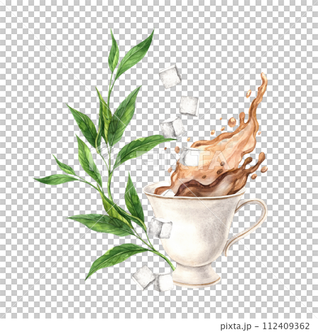 Vintage watercolor cup with tea splashes, sugar cubes and tea leaves The illustration is hand drawn on an isolated background Drawing for menu design, packaging, poster, website, textile, invitations 112409362