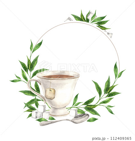 Round wreath made from a vintage cup with tea leaves, saucer and spoon The illustration is hand drawn on an isolated background Drawing for menu design, packaging poster, website, textile invitations Round wreath made from a vintage cup with tea leaves, saucer and spoon The illustration is hand drawn on an isolated background Drawing for menu design, packaging poster, website, textile invitations 112409365
