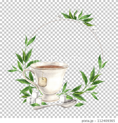 Round wreath made from a vintage cup with tea leaves, saucer and spoon The illustration is hand drawn on an isolated background Drawing for menu design, packaging poster, website, textile invitations Round wreath made from a vintage cup with tea leaves, saucer and spoon The illustration is hand drawn on an isolated background Drawing for menu design, packaging poster, website, textile invitations 112409365