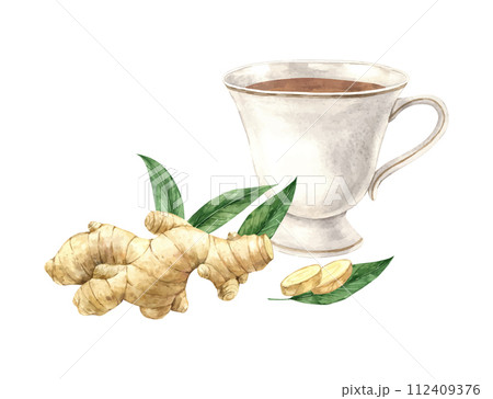 Watercolor composition with a mug of tea and natural ginger. Illustration is hand drawn, suitable for menu design, packaging, poster, website, textile, invitation, brochure, textile. 112409376
