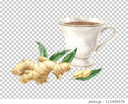 Watercolor composition with a mug of tea and natural ginger. Illustration is hand drawn, suitable for menu design, packaging, poster, website, textile, invitation, brochure, textile. 112409376