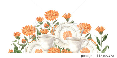 Watercolor tea composition with ceramic tableware and orange calendula flower. Illustration hand drawn on isolated background, suitable for menu design, packaging, poster, website invitation brochure 112409378
