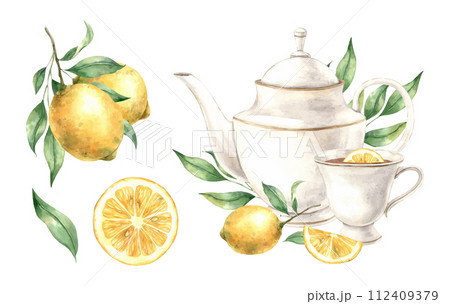 Watercolor set with ceramic dishes and drawings of a juicy yellow lemon. Illustration is hand drawn, suitable for menu design, packaging, poster, website, textile, invitation, brochure, cards 112409379