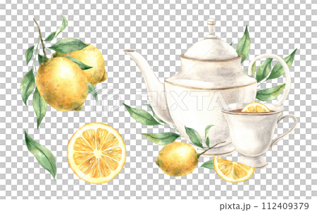 Watercolor set with ceramic dishes and drawings of a juicy yellow lemon. Illustration is hand drawn, suitable for menu design, packaging, poster, website, textile, invitation, brochure, cards 112409379
