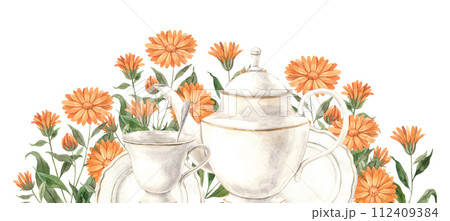 Watercolor tea composition with ceramic tableware and orange calendula flower. Illustration hand drawn on isolated background, suitable for menu design, packaging, poster, website invitation brochure Watercolor tea composition with ceramic tableware and orange calendula flower. Illustration hand drawn on isolated background, suitable for menu design, packaging, poster, website invitation brochure 112409384