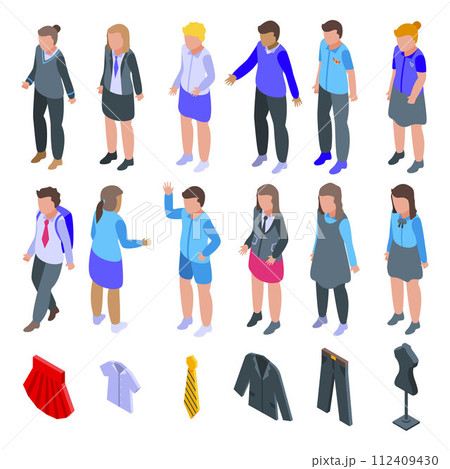 School uniform icons set. Isometric set of school uniform vector icons for web design isolated on white background 112409430