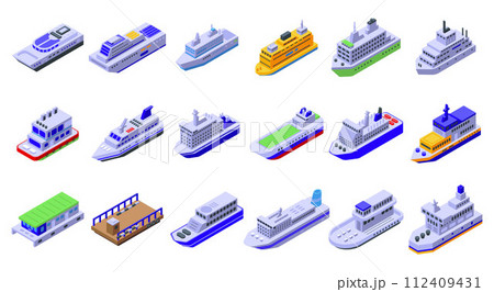 Ferry icons set. Isometric set of ferry vector icons for web design isolated on white background 112409431