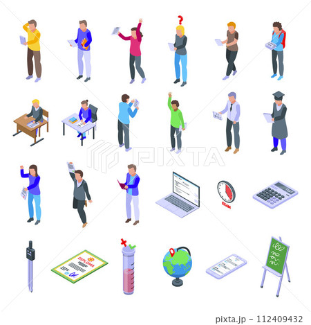 School test icons set. Isometric set of school test vector icons for web design isolated on white background 112409432