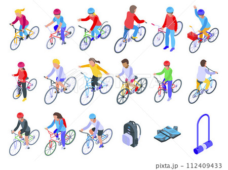 Kids cycling icons set. Isometric set of kids cycling vector icons for web design isolated on white background 112409433