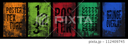 Distressed poster backgrounds with grunge halftone effect. Punk poster overlay surface with a rough polka dot pattern. Cyber grange contemporary design template for banner, flyer. Vector illustration 112409745