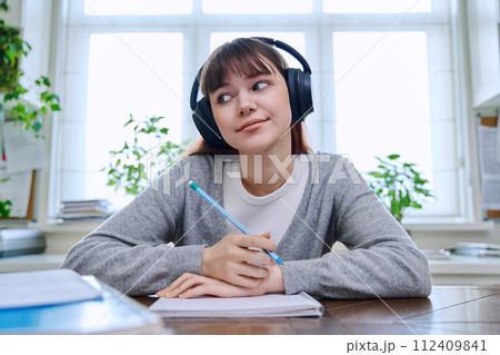 Web camera view of teenage student girl in headphones looking at camera Web camera view of teenage student girl in headphones looking at camera 112409841