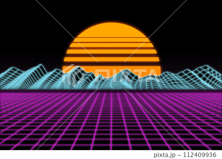Sunset and mountains on a 3D grid 112409936