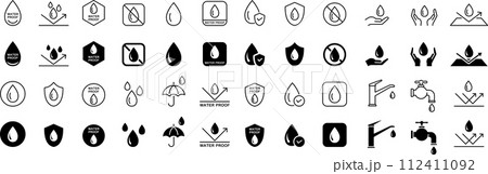 モノクロの水に関するマーク・標識・アイコンのセット モノクロの水に関するマーク・標識・アイコンのセット 112411092