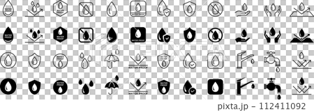 モノクロの水に関するマーク・標識・アイコンのセット モノクロの水に関するマーク・標識・アイコンのセット 112411092