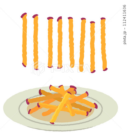 皿に盛りつけたサツマイモスティックとバラのサツマイモスティック 112411636
