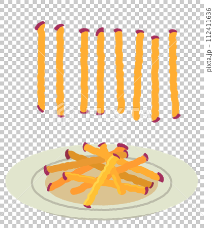 皿に盛りつけたサツマイモスティックとバラのサツマイモスティック 112411636