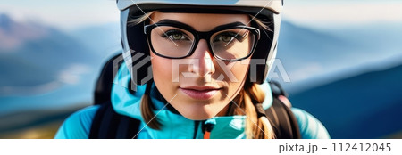 Woman wearing helmet and glasses stands confidently before towering mountain backdrop ready for adventure and exploration.She may be gearing up for bicycle ride or some other outdoor activity. Woman wearing helmet and glasses stands confidently before towering mountain backdrop ready for adventure and exploration.She may be gearing up for bicycle ride or some other outdoor activity. 112412045
