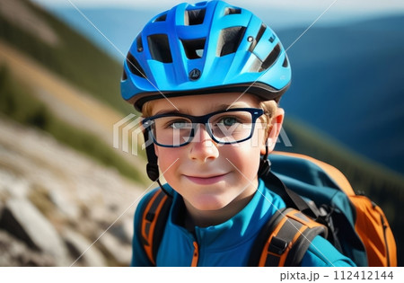 Young boy wearing helmet and glasses stands confidently before towering mountain backdrop ready for adventure and exploration. He may be gearing up for bicycle ride or some other outdoor activity. Young boy wearing helmet and glasses stands confidently before towering mountain backdrop ready for adventure and exploration. He may be gearing up for bicycle ride or some other outdoor activity. 112412144