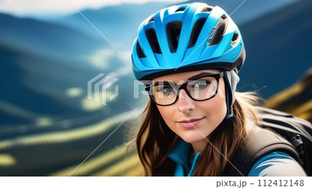 Woman wearing helmet and glasses stands confidently before towering mountain backdrop ready for adventure and exploration.She may be gearing up for bicycle ride or some other outdoor activity. 112412148