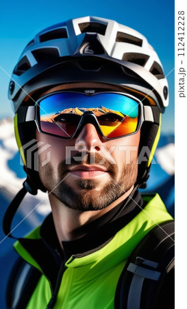 Man wearing helmet and sunglasses glasses stands confidently before towering mountain backdrop ready for adventure, exploration. He may be gearing up for bicycle ride, some other outdoor activity. 112412228
