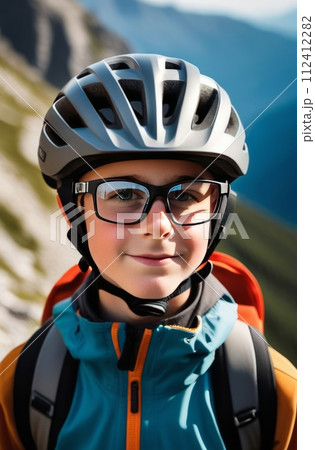 Young boy wearing helmet and glasses stands confidently before towering mountain backdrop ready for adventure and exploration. He may be gearing up for bicycle ride or some other outdoor activity. Young boy wearing helmet and glasses stands confidently before towering mountain backdrop ready for adventure and exploration. He may be gearing up for bicycle ride or some other outdoor activity. 112412282