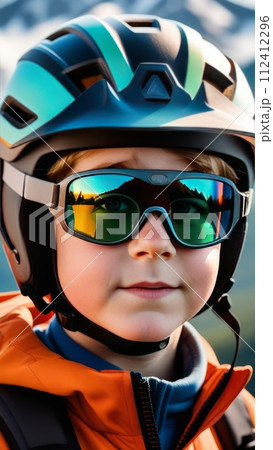 Young boy wearing helmet and sunglasses glasses stands confidently before towering mountain backdrop ready for adventure, exploration. He may be gearing up for bicycle ride, other outdoor activity. Young boy wearing helmet and sunglasses glasses stands confidently before towering mountain backdrop ready for adventure, exploration. He may be gearing up for bicycle ride, other outdoor activity. 112412296