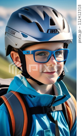 Young boy wearing helmet and glasses stands confidently before towering mountain backdrop ready for adventure and exploration. He may be gearing up for bicycle ride or some other outdoor activity. 112412318