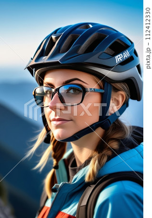 Woman wearing helmet and glasses stands confidently before towering mountain backdrop ready for adventure and exploration.She may be gearing up for bicycle ride or some other outdoor activity. 112412330