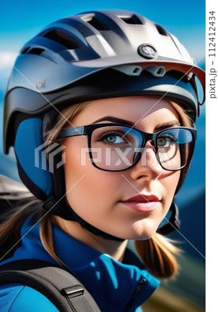 Woman wearing helmet and glasses stands confidently before towering mountain backdrop ready for adventure and exploration.She may be gearing up for bicycle ride or some other outdoor activity. Woman wearing helmet and glasses stands confidently before towering mountain backdrop ready for adventure and exploration.She may be gearing up for bicycle ride or some other outdoor activity. 112412434