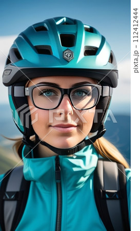Woman wearing helmet and glasses stands confidently before towering mountain backdrop ready for adventure and exploration.She may be gearing up for bicycle ride or some other outdoor activity. 112412444