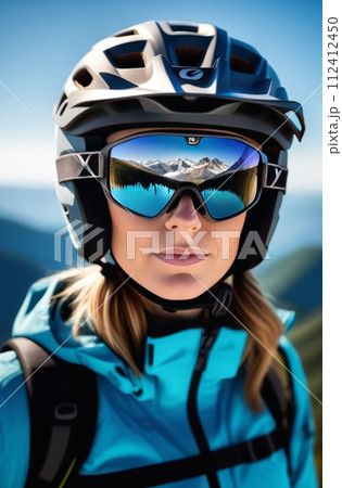 Woman wearing helmet and sunglasses glasses stands confidently before towering mountain backdrop ready for adventure, exploration.She may be gearing up for bicycle ride or some other outdoor activity. Woman wearing helmet and sunglasses glasses stands confidently before towering mountain backdrop ready for adventure, exploration.She may be gearing up for bicycle ride or some other outdoor activity. 112412450