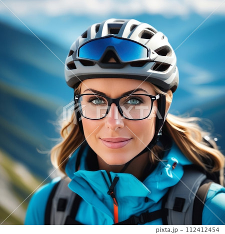 Woman wearing helmet and glasses stands confidently before towering mountain backdrop ready for adventure and exploration.She may be gearing up for bicycle ride or some other outdoor activity. Woman wearing helmet and glasses stands confidently before towering mountain backdrop ready for adventure and exploration.She may be gearing up for bicycle ride or some other outdoor activity. 112412454