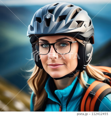 Woman wearing helmet and glasses stands confidently before towering mountain backdrop ready for adventure and exploration.She may be gearing up for bicycle ride or some other outdoor activity. Woman wearing helmet and glasses stands confidently before towering mountain backdrop ready for adventure and exploration.She may be gearing up for bicycle ride or some other outdoor activity. 112412455