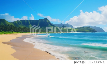 青い海と砂浜、熱帯のビーチの自然背景 112413924